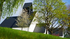 Holmen kirke i grønt sommerskrud. Foto: Norunn Edvardsen