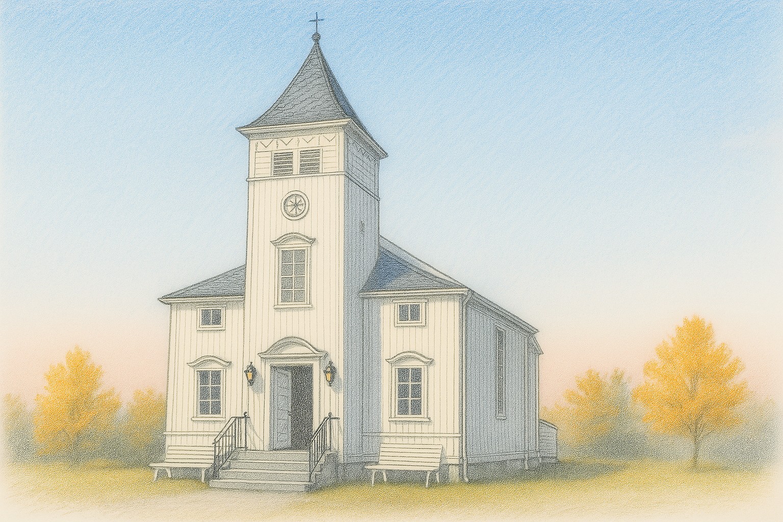 KI-generert bilde av Nærsnes kirke basert på fotografi av Gerd Hanne Fosen