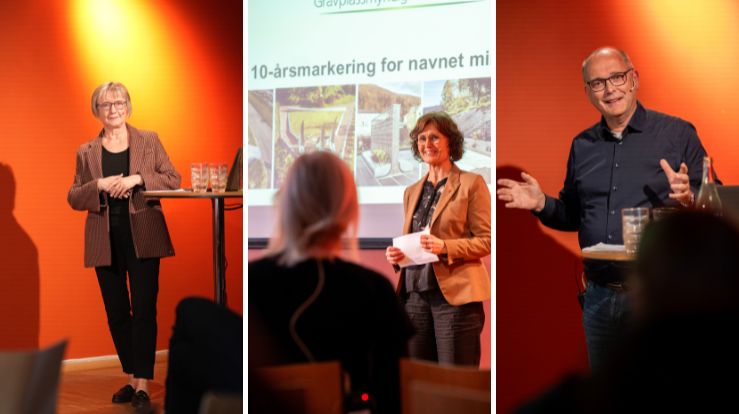 Collage av to kvinner og en mann som snakker for en forsamling innendørs. Foto.