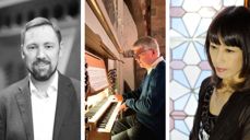 Tre av byens organister inviterer til konserter på det nyrestaurerte orgelet i mars: Sigurd Øgaard, Karstein Askeland og Mariko Takei. (Foto: Gyrid Cecilie Nygaard/Knut Becker/Emi)