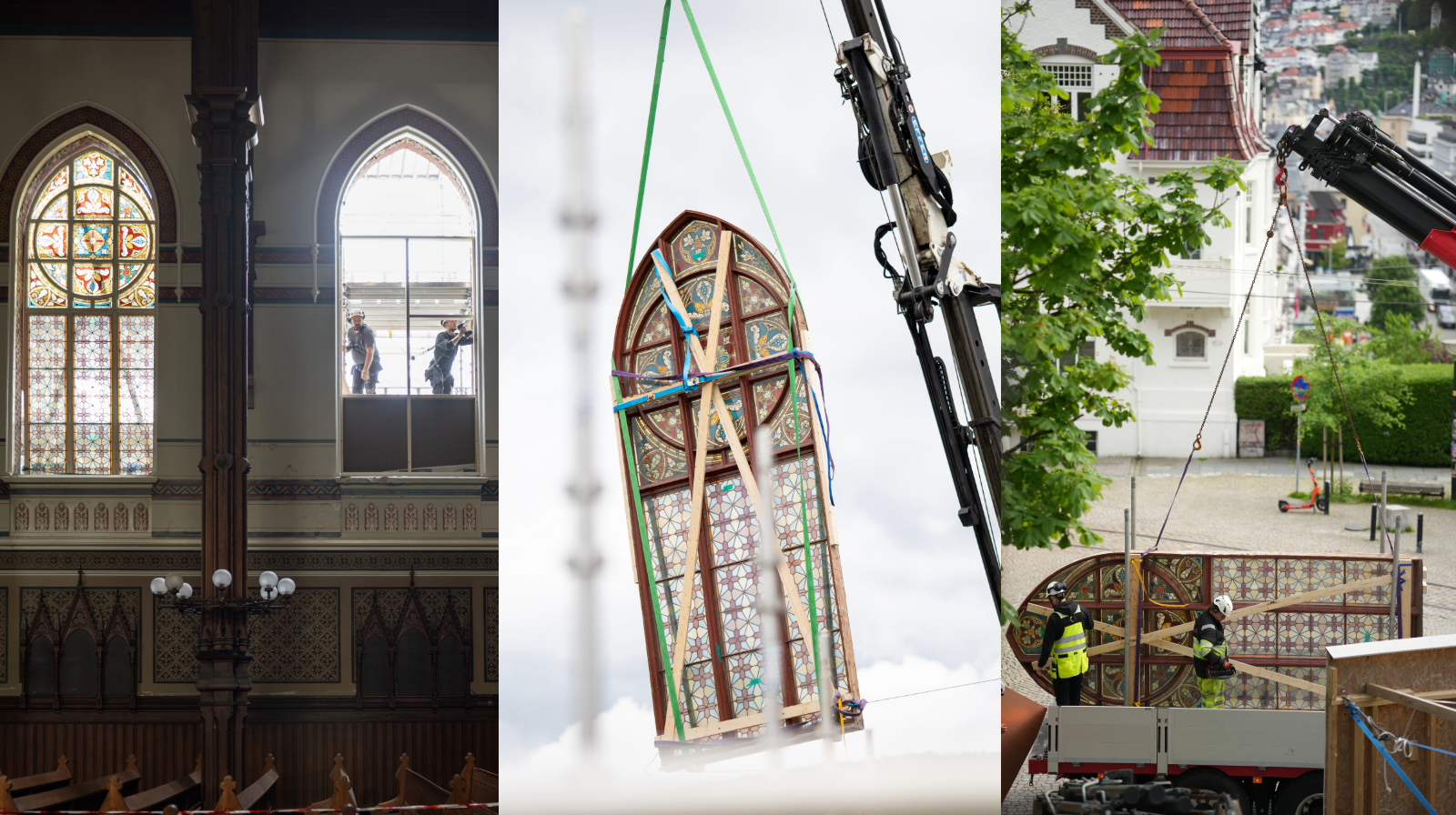collage av vinduer som løftes ut med heisekran fra kirkebygg