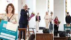 F.v. Kulturprisen til orgelbygger Johannes Buder (konen Guro tok i mot), årets frivillig ble Brith Barsnes Bjordal i Olsvik, Formiddagstreffet i Biskopshavn mottok årets frivillighetspris og FKU Fana mottok pionérprisen.