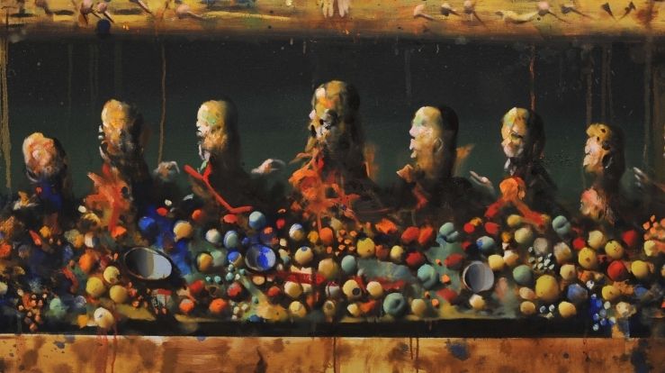 Håkon Gullvåg malte den nye altertavlen til Fridalen kirke i 2020. Her er et utsnitt av den.