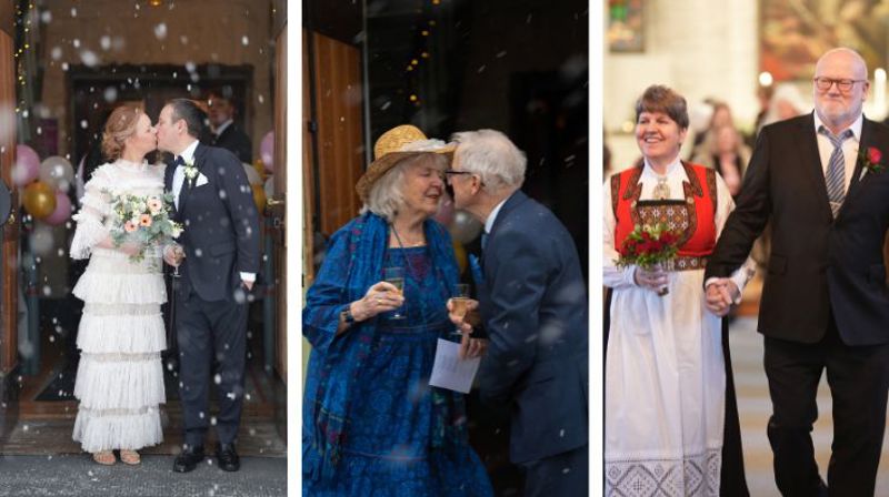Rekordmange par giftet seg på valentinsdagen i 2025, blant anna desse tre av 13 para som valde å "droppe innom" Birkeland kyrkje.
