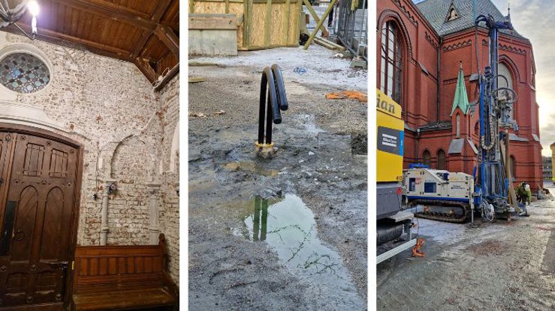 Februar 2025: Arbeidet i våpenhuset med fjerning av overflatepussen er godt i gang. Ute er første bergvarmehull boret 300 meter ned i grunnen. Nå må det gjøres noen tester på første hullet før resten av hullene skal bores.