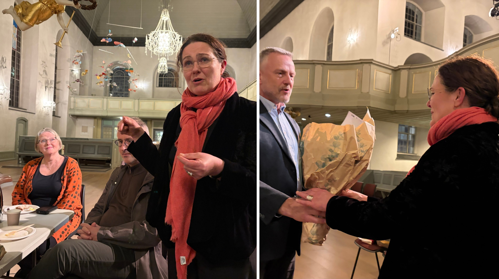 Leni Mæland er ny prest. Denne uken var det innsettelse i Nykirken med kveldsmat etterpå. Her ser vi blant annet Leni sammen med kirkekomiteleder Elisabeth Angell og daglig leder Jon Nævdal. 