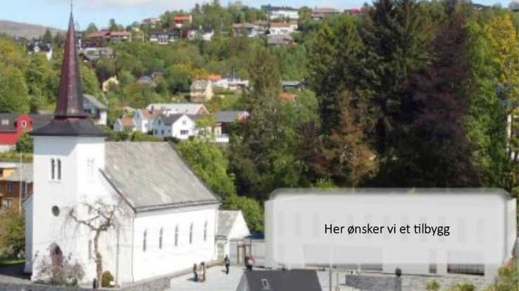 Det planlegges for et tilbygg som skal plasseres til høyre for Birkeland kirke. 