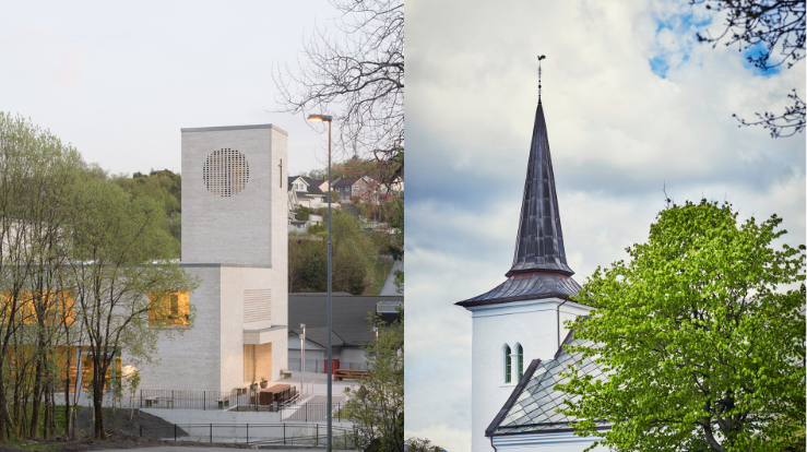 Kirkene i Birkeland sokn: til venstre Sædalen kirke sett fra Sædalssvingene. Til høyre er foto av Birkeland kirke tatt fra villaen på høyden bak kirken. 