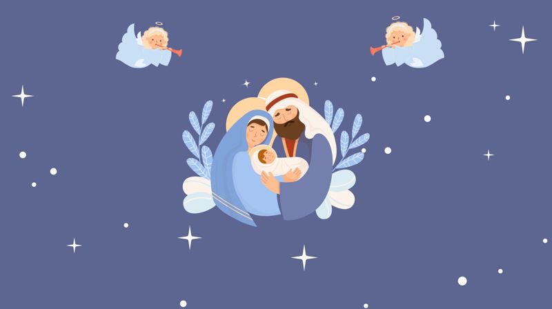 Maria, Josef, Jesusbarn mot blå stjernehimmel med to englar svevande over