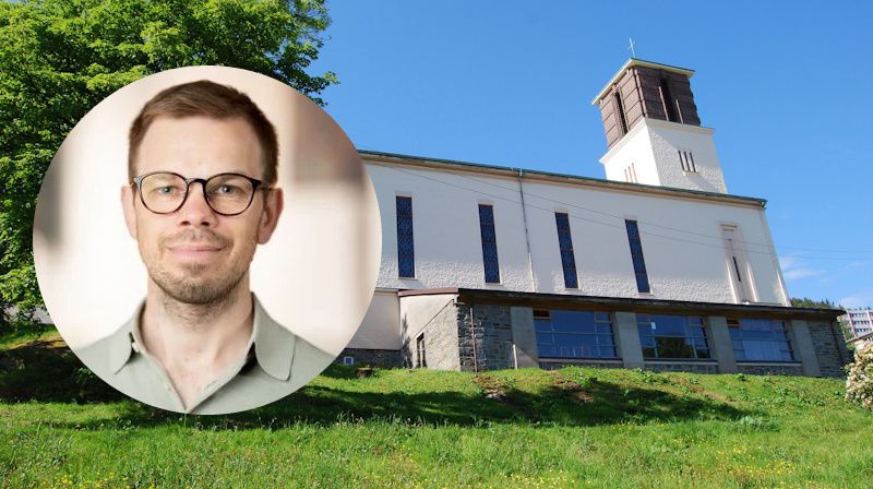Portrett av Asbjørn Snilstveit over foto av St Markus kyrkje sett nedanfrå