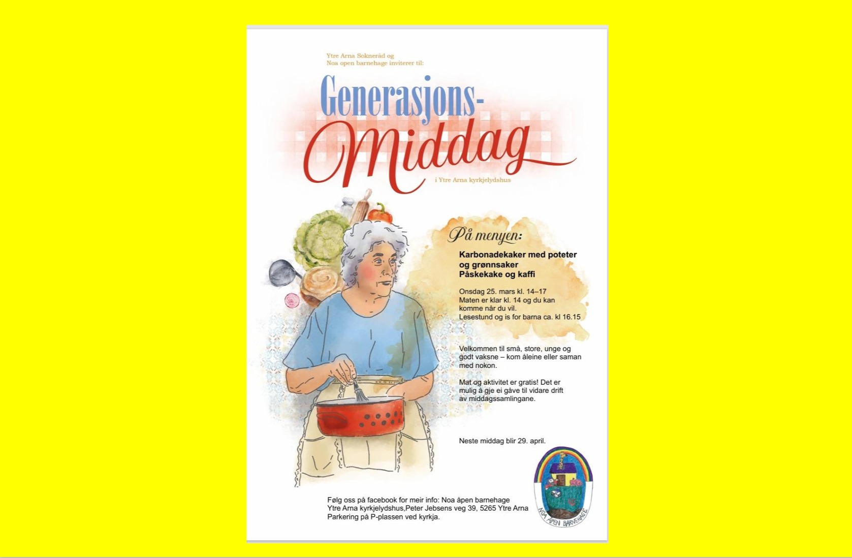 Meny: Karbonadekaker med poteter og grønsaker, påskekake og kaffi