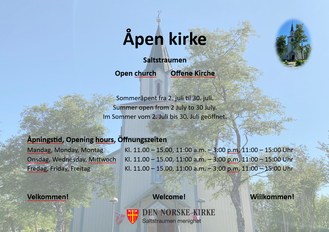 Informasjon fra plakat om sommeråpen kirke, Saltstraumen.