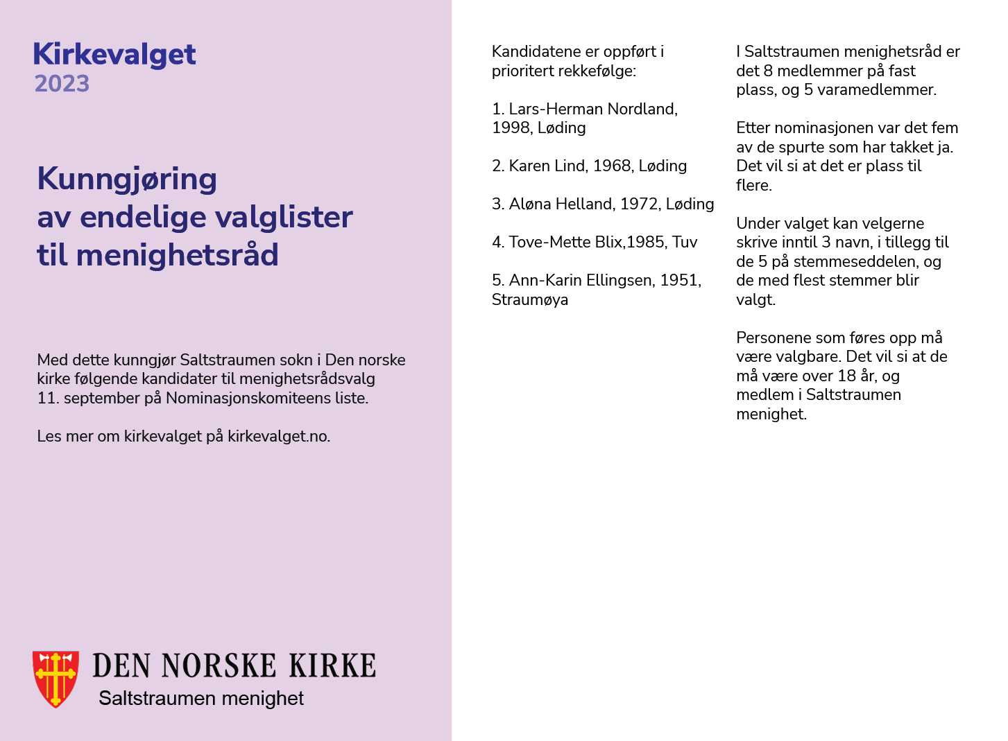 Endelig valgliste til Saltstraumen menighetsråd 2023