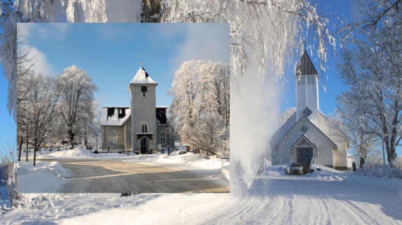 Vinterkledde Frogn og Drøbak kirker. Fotograf: Ivar Ruud Eide.