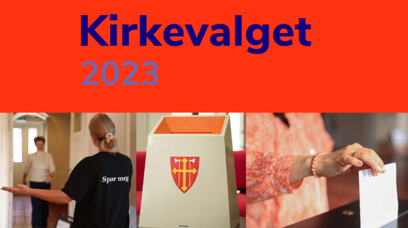 Montasje med teksten "Kirkevalget 2023" , et blide av en funksjonær som tar imot en velger, et bilde av en stemmeurne og et bilde av en hånd som putter en stemmeseddel i en urne