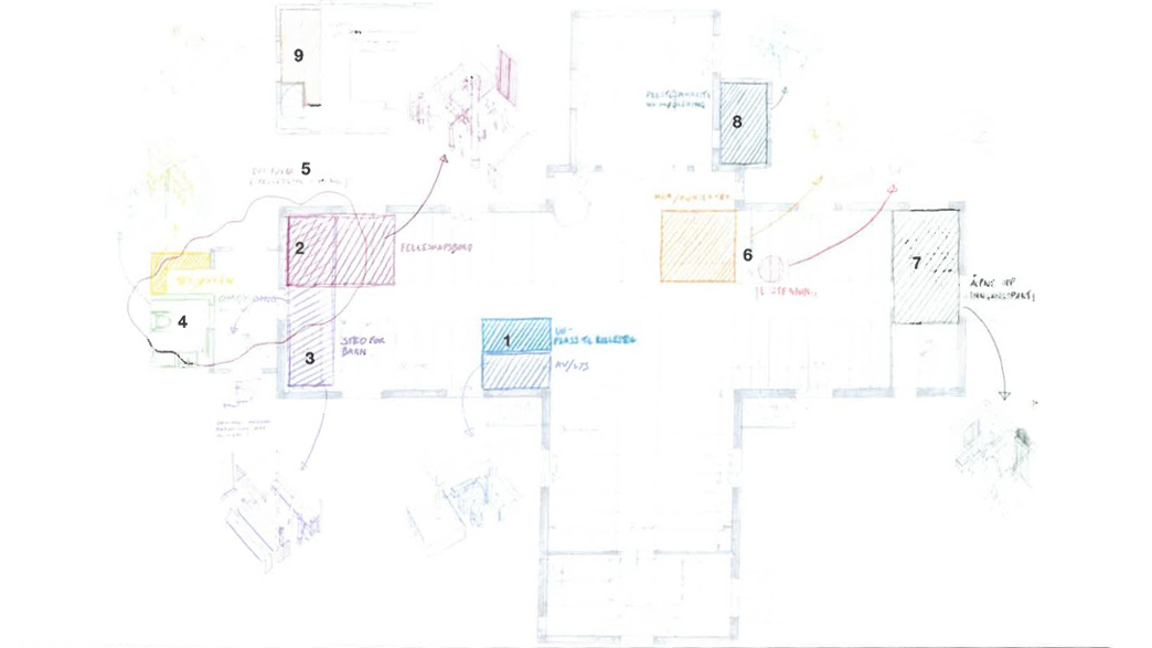 Skisse fra Schjelderup & Gram fra mulighetsstudien av Egersund kirke. 