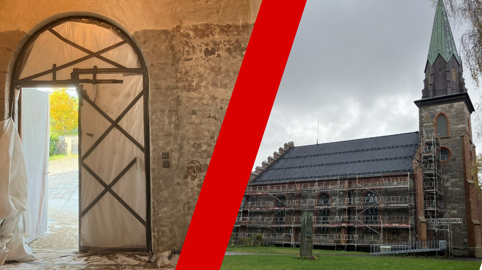 Våpenhuset i Nøtterøy kirke (t.v.). Stillaser rundt Tjøme kirke (t.h.)