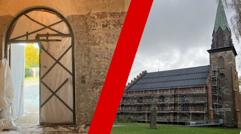 Våpenhuset i Nøtterøy kirke (t.v.). Stillaser rundt Tjøme kirke (t.h.)