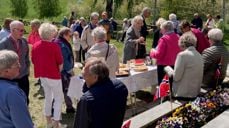 Det bruker å være veldig bra oppmøte under gudstjeneste og etterpå på kirkekaffe ute i flott pinsevær ved Ål kirke. Foto: Anne-Berit Holden 2023.