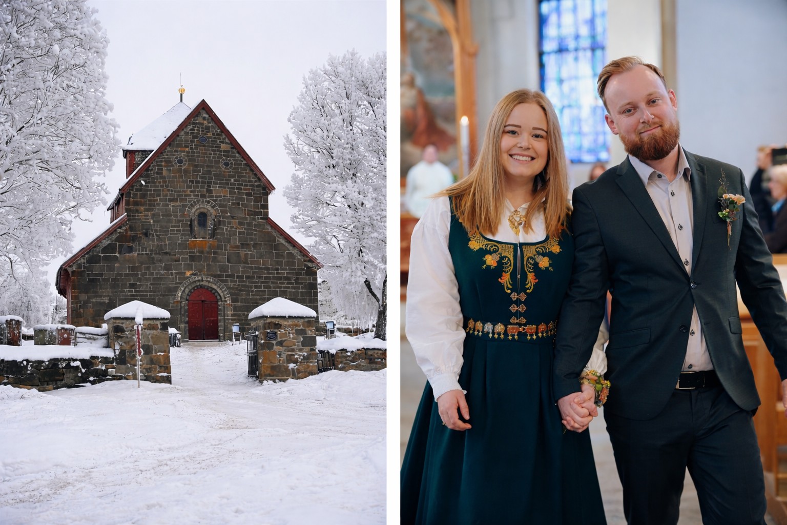 Her ser vi vakre Nikolaikirken på Granavollen i vinterdrakt (foto: Knut Sterud). Til høyre et av brudeparene som giftet seg under drop-in-bryllup på Valentinsdag i 2024, som ble arrangert i Årnes kirke i Nes på Romerike (foto: Den norske kirke). 