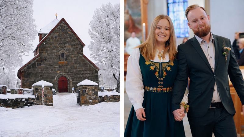 Her ser vi vakre Nikolaikirken på Granavollen i vinterdrakt (foto: Knut Sterud). Til høyre et av brudeparene som giftet seg under drop-in-bryllup på Valentinsdag i 2024, som ble arrangert i Årnes kirke i Nes på Romerike (foto: Den norske kirke).