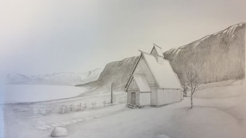 Slik kan den gamle stavkyrkja i Hareid ha sett ut. Dette var ei einskipa stavkyrkje frå 11-1200-talet. Illustrasjon: Arnfinn Mork Stordal