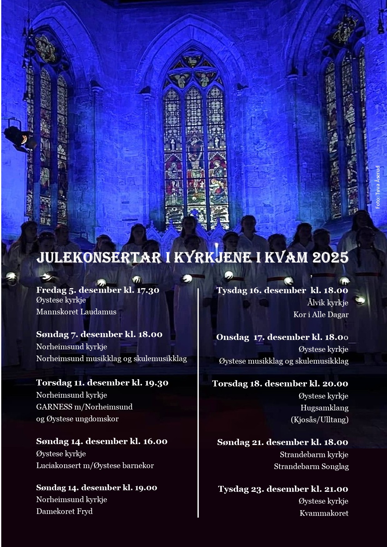 Oversikt over alle julekonsertar i kyrkjene i Kvam 2025
