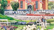 Utsnitt av et maleri av Finn Erik Helberg. Maleriet er gjengitt på forsiden til menighetsbladets sommerutgave, og viser Fredriksvern kirke i sommerlige omgivelser.