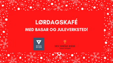 Snøkrystallramme med logo til menighet og forening og tittel "Lørdagskafe med basar og juleverksted."