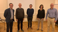Kirkevergene i G4 er samlet i Bergen. Fra venstre: Robert Wright (Oslo), Kjell Inge Nordgård (Trondheim), Asbjørn VIlkensen (avtroppende Bergen), Mette Svanes (påtroppende Bergen), Rune Skagestad (Stavanger).