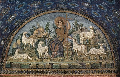 «Den gode hyrde». Mosaikkk i mausoleet til keiserinne Galla Placidia, Ravenna,tidlig 500-tallet