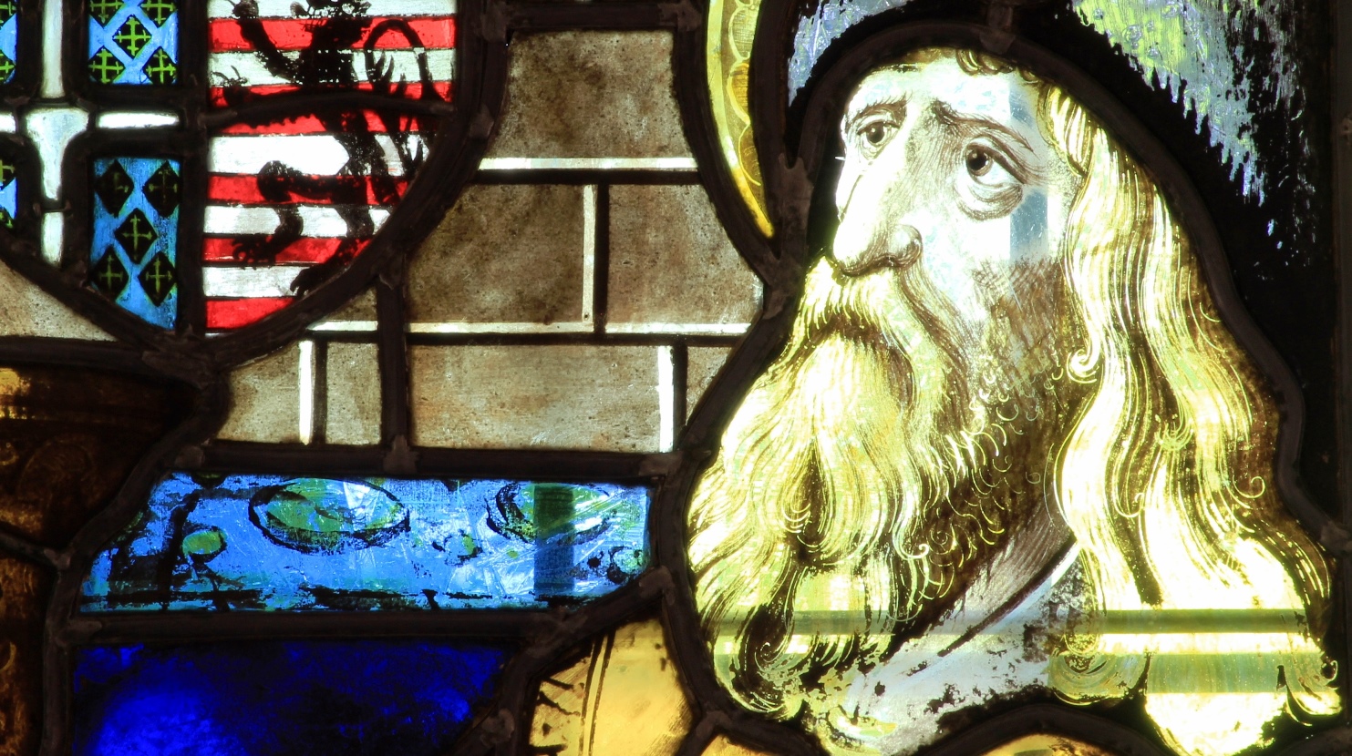 St. Jakob. Detalj av glassmaleriet til høyre for alteret i kapellet.