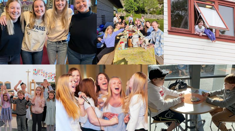 En collage med seks bilder med barn og ungdom som er med på aktiviteter og smiler