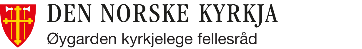 Logo til den norske kyrkja - Øygarden kyrkjelege fellesråd. Til venstre er et rødt våpenskjold med gult kors og to økser