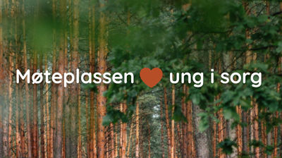 Deler av en skog med grønne blader og oransjebrune stammer, oppå bildet står "Møtepassen (illustrasjon av et oransjerødt hjerte) ung i sorg" 