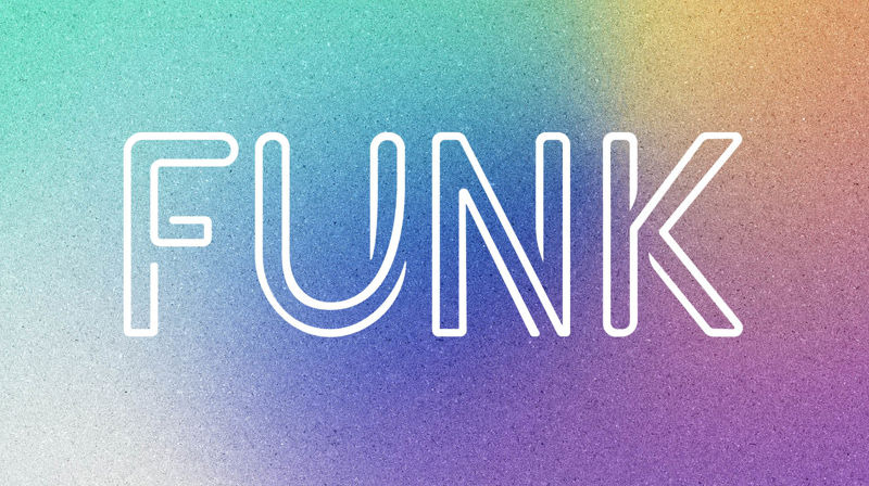 Bakgrunn med kornete farger som sklir inn i hverandre, hvit tekst med "FUNK" oppå