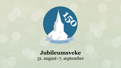 Lys grønn bakgrunn med små lysere sirkler. I midten er det en logo av en hvit kirke i en blå sirkel, med teksten Hjelme gamle kyrkje 150.