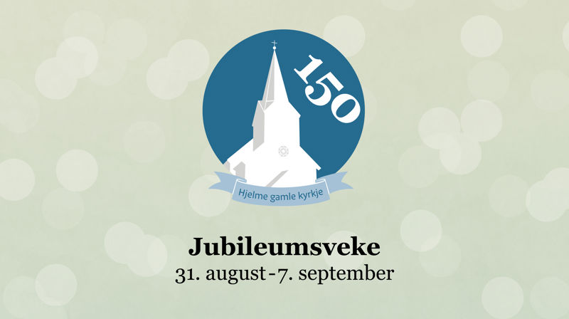 Lys grønn bakgrunn med små lysere sirkler. I midten er det en logo av en hvit kirke i en blå sirkel, med teksten Hjelme gamle kyrkje 150.