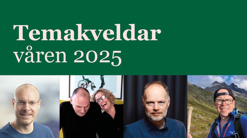 Grønn plakat med fire foto, tre menn og en med en mann og kvinne. Tittel i beige over bildene.