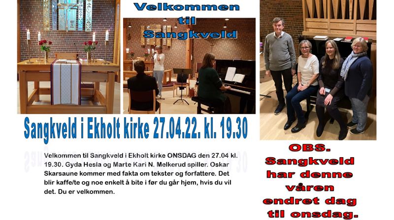 Sangkveld i Ekholt kirke onsdag 27.april kl. 19.30
