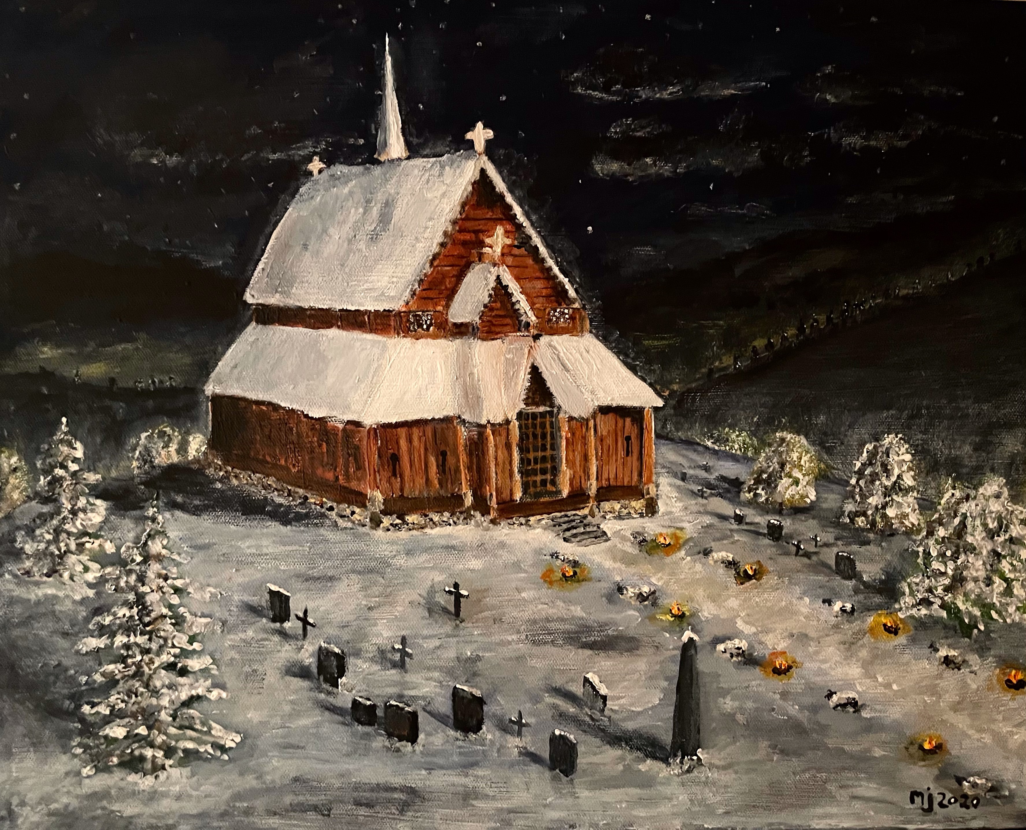 Bilde av maleri av Reinli stavkirke vinterstid