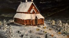 Bilde av maleri av Reinli stavkirke vinterstid