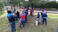 Elever fra Ila skole henger opp sine fuglekasser på Havstein kirkegåd. Foto: Borgar Flønes
