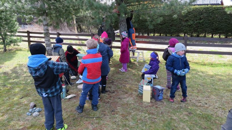 Elever fra Ila skole henger opp sine fuglekasser på Havstein kirkegåd. Foto: Borgar Flønes