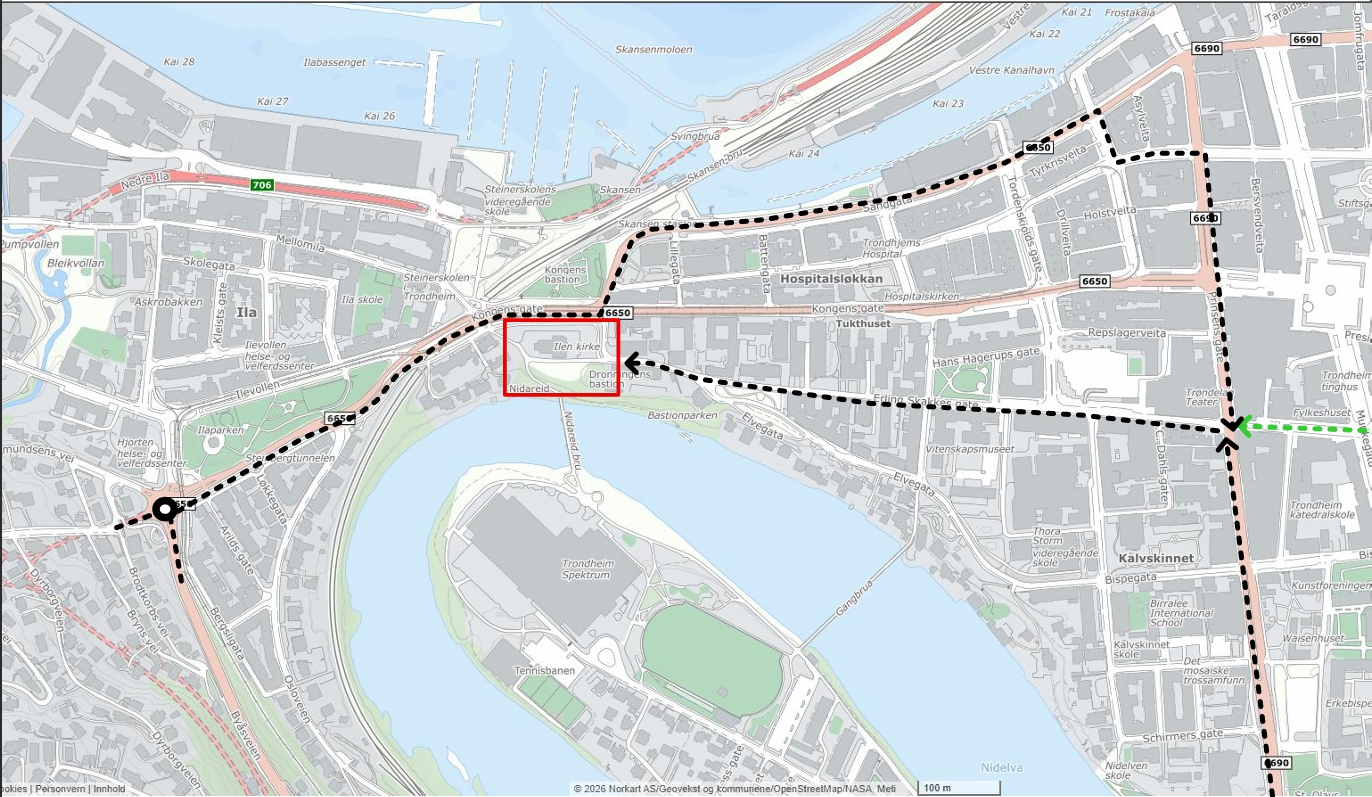 Kart over adkomst til Ilen kirke med bil