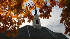 tårn av Ulstein kyrkje gjennom gul kastanielauv