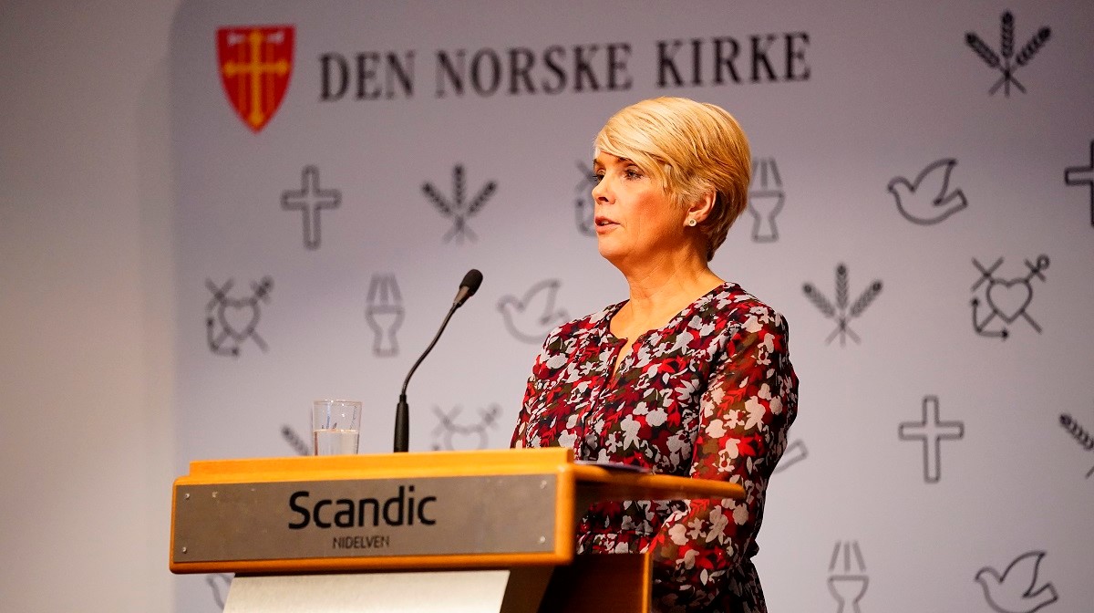 Kirkerådsleder Kristin Gunleiksrud Raaum taler til Kirkemøtet i Trondheim 8. oktober 2020. Foto: Ole Martin Wold