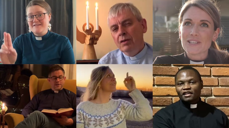 Kollasj av ulike persomer som holder ord for natten. Ei samisk prest lyser velsignelsen, to stykker tenker mens de snakker, en synger fra en samlebok, en ser oss inn i øynene og ei peker opp i himmelen.