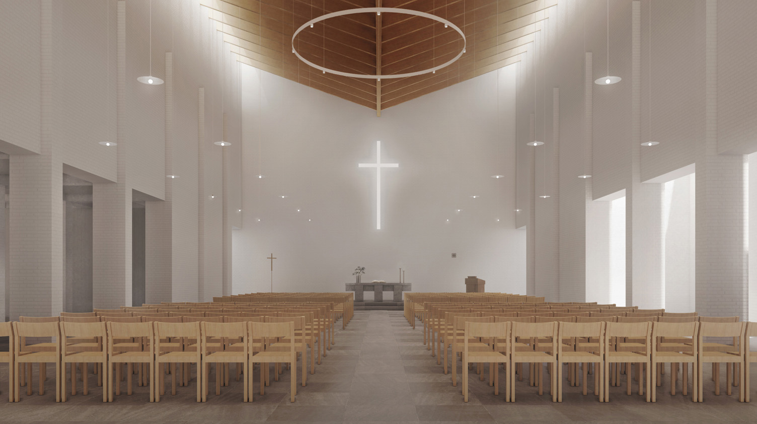 Slik blir kirkerommet i Charlottenlund nye kirke. (Illustrasjon Atelje Ö)