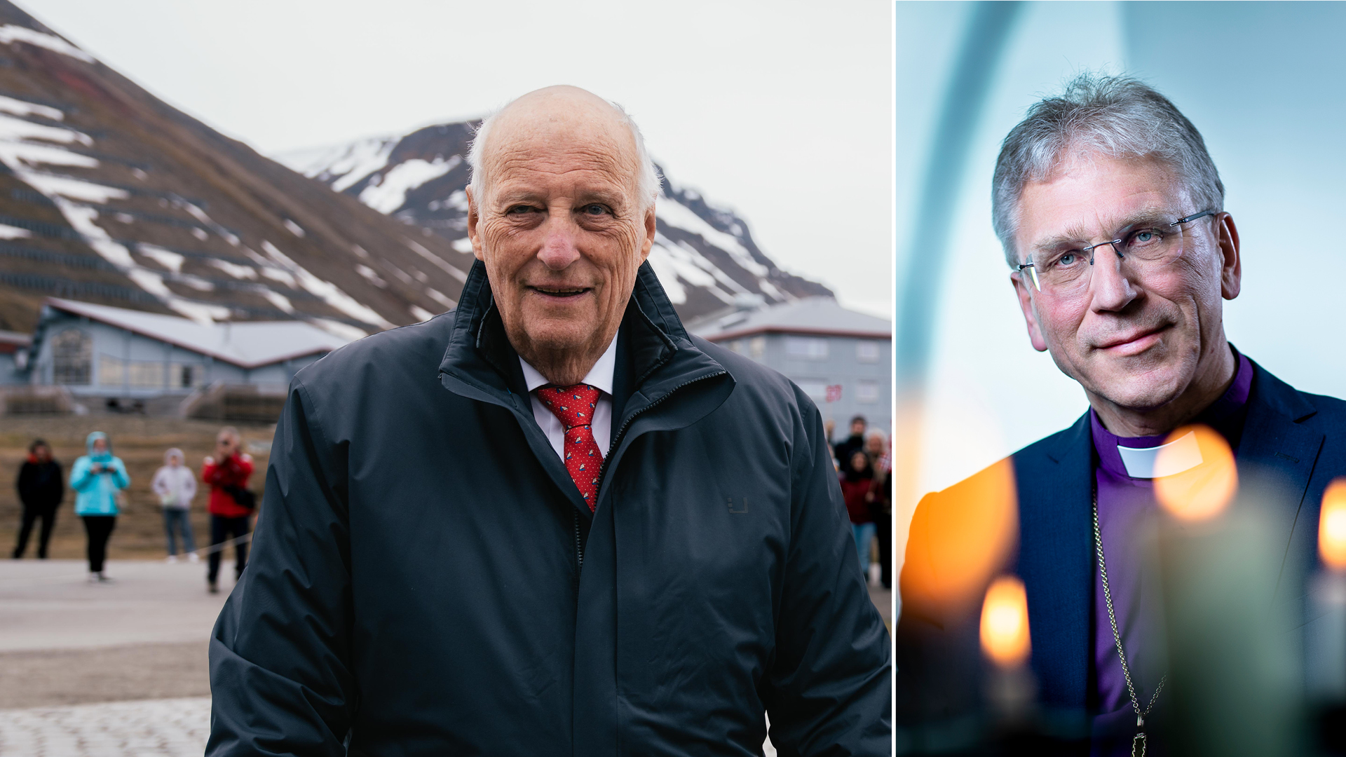 Kong Harald på Svalbard i 2025, foto: Ola Vatn / Det kongelege hoff. Til høyre: Preses i Den norske kyrkja, Olav Fykse Tveit, foto: Bo Mathisen / Den norske kyrkja.